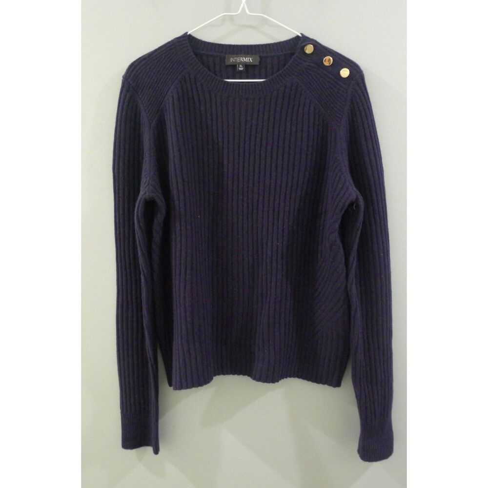 INTERMIX Cropped Cashmere/Wool Ribbed Button Shoulder Sweater - Navy XL